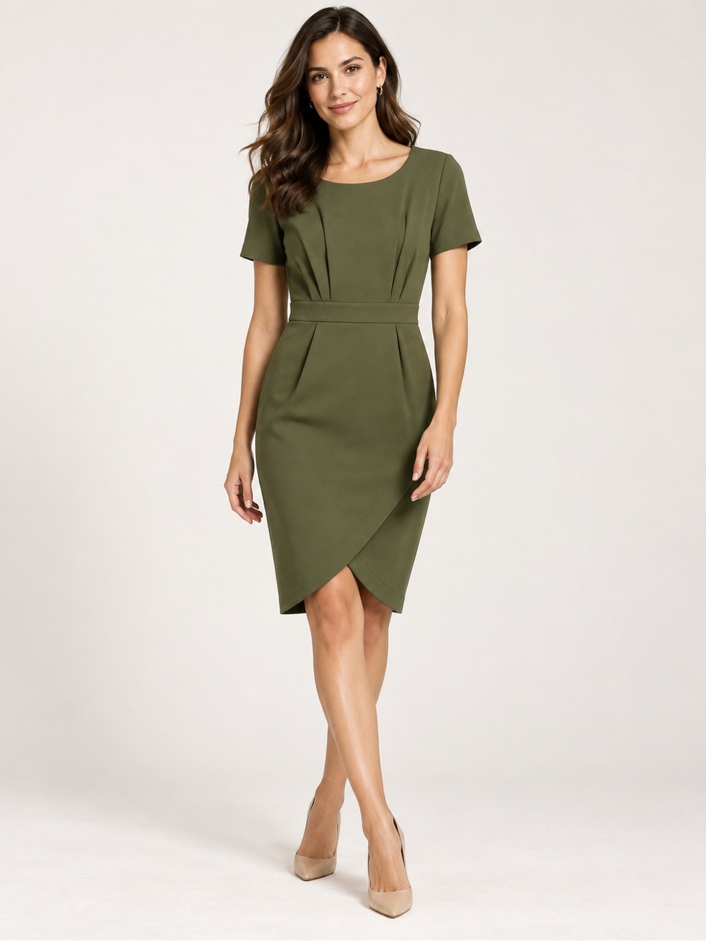 Bombeau Olive Short-Sleeve Tulip Wrap Sheath Dress